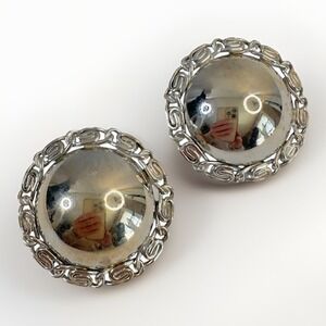 Vintage BARCLAY Clip on Earrings Chrome Silver Dome Modernist Style 1960s 1.5"